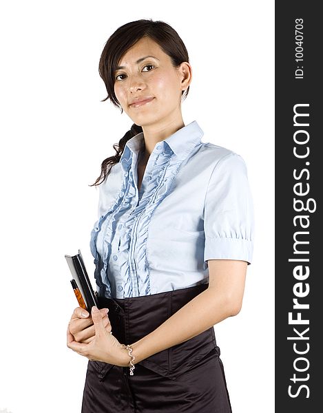 Chinese office lady, elegant clerk. Young Asian girl with kind face expression. Holding pen and notebook, reading and making notes. Chinese office lady, elegant clerk. Young Asian girl with kind face expression. Holding pen and notebook, reading and making notes.