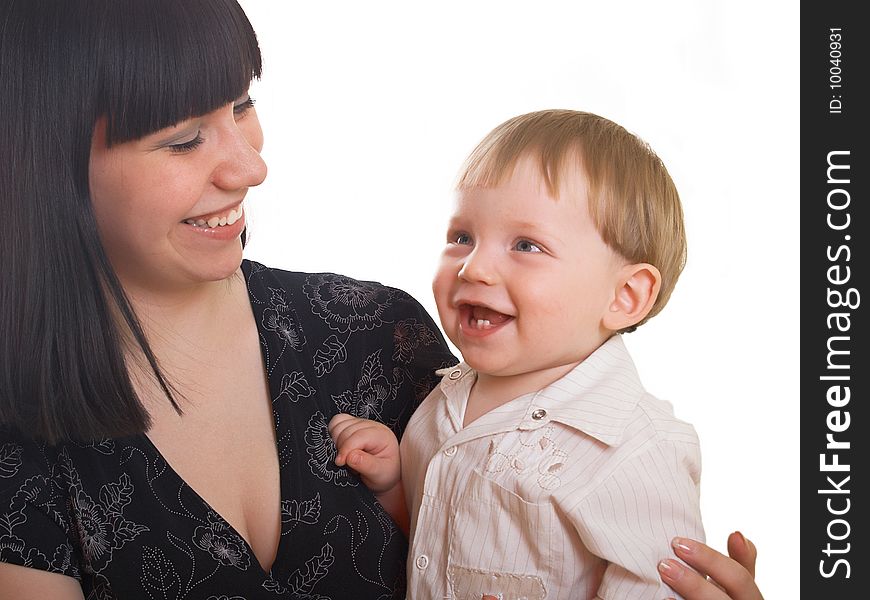 The little boy with mum on the white background. The little boy with mum on the white background