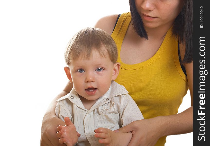 The little boy with mum on the white background. The little boy with mum on the white background