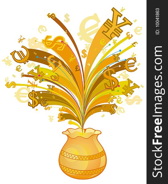 Money symbols break out from the vase, created by adobe illustrator CS. Money symbols break out from the vase, created by adobe illustrator CS