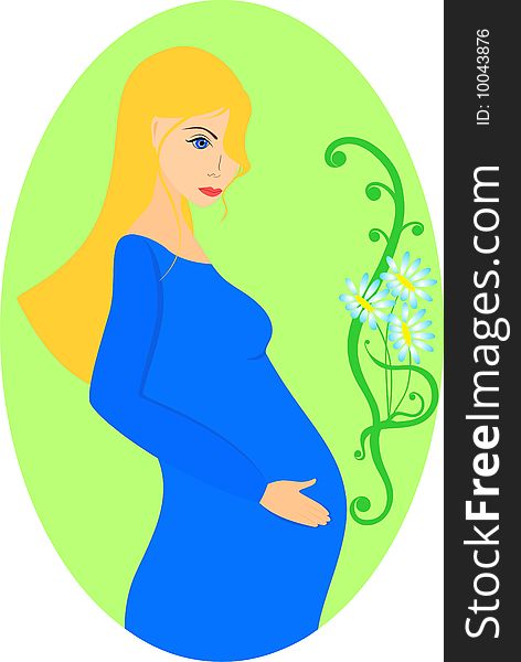 Vector illustration of a young pregnant woman on a green background with flowers