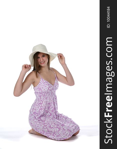 Pretty Young Teen In Purple Dress And Straw Hat