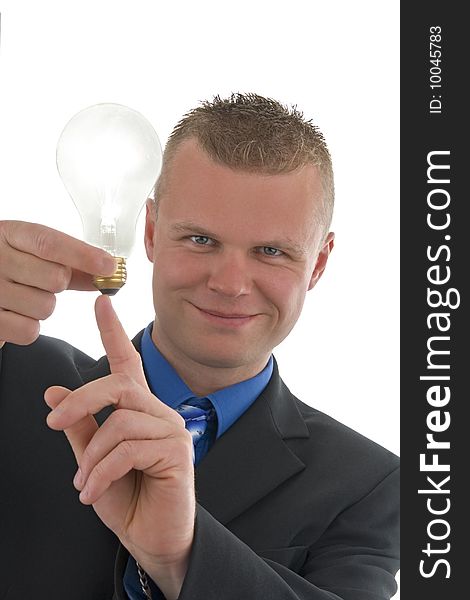 Man to which shining lightbulb  at the hands of.On white background. Man to which shining lightbulb  at the hands of.On white background.