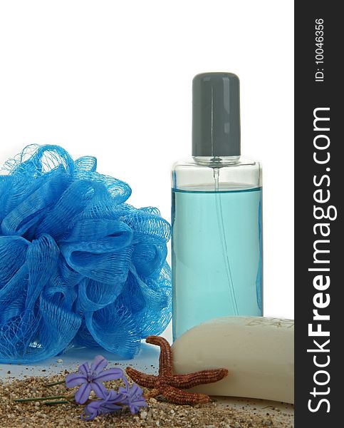 Odor of sea,blue perfume and soap on sand