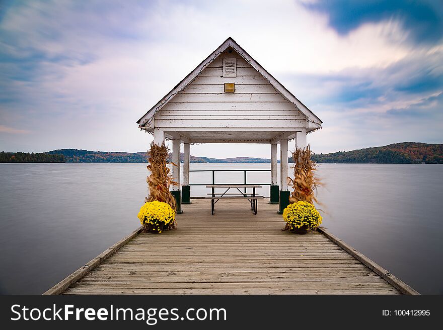 A hut on the beach in fall in Muskoka Lake area Canada