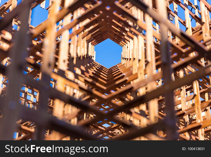 A beautiful wood art structure in Barcelona, Spain with sky