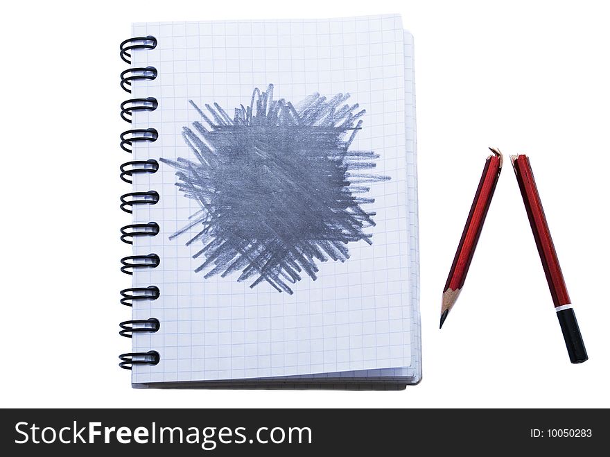 Notepad with broken pencil isolated on white