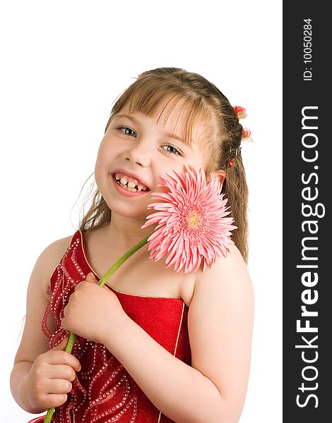 A portrait of a nice girl with pink flower. A portrait of a nice girl with pink flower