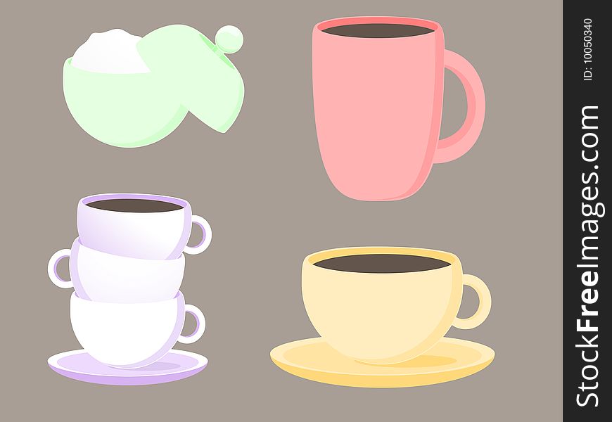 Coffee cups and a mug with a sugar bowl. Coffee cups and a mug with a sugar bowl