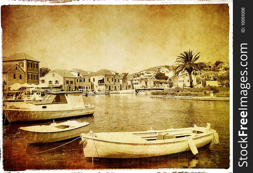Old harbo in Croatia with boats - retro styled. Old harbo in Croatia with boats - retro styled