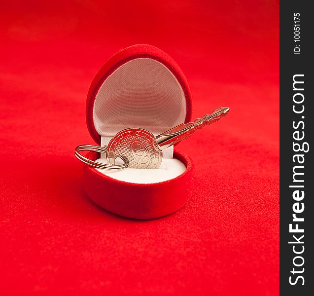 Small silver key in a box on a red background