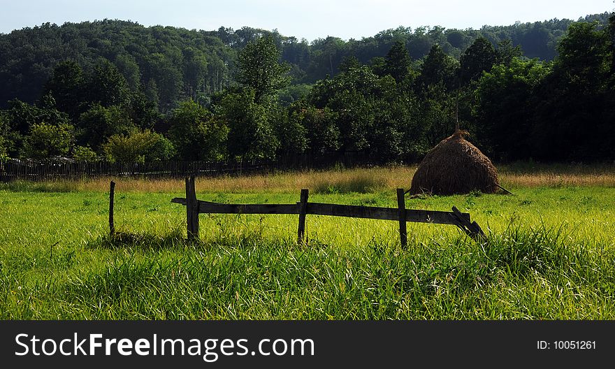 Hay piles in a country landscape