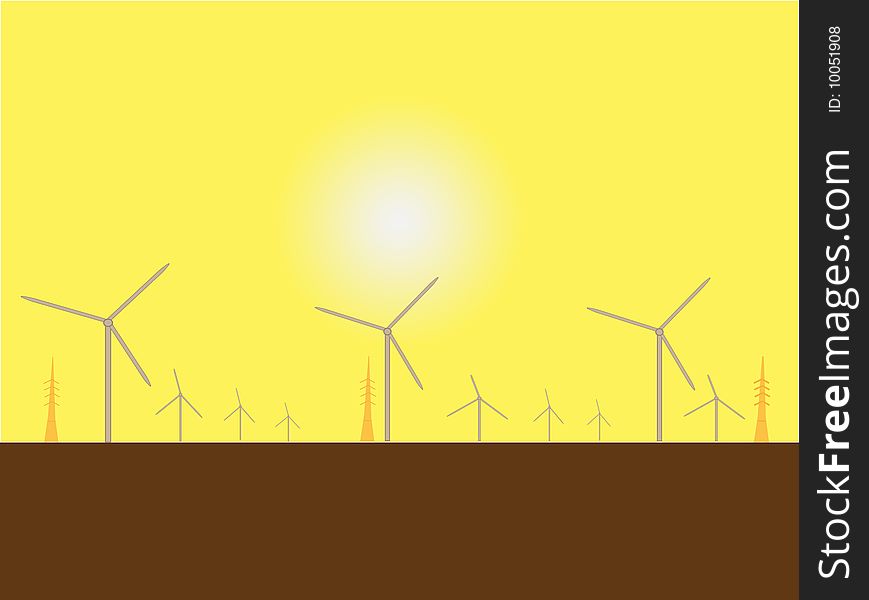 Wind mills against brown earth and a blazing sun. Wind mills against brown earth and a blazing sun