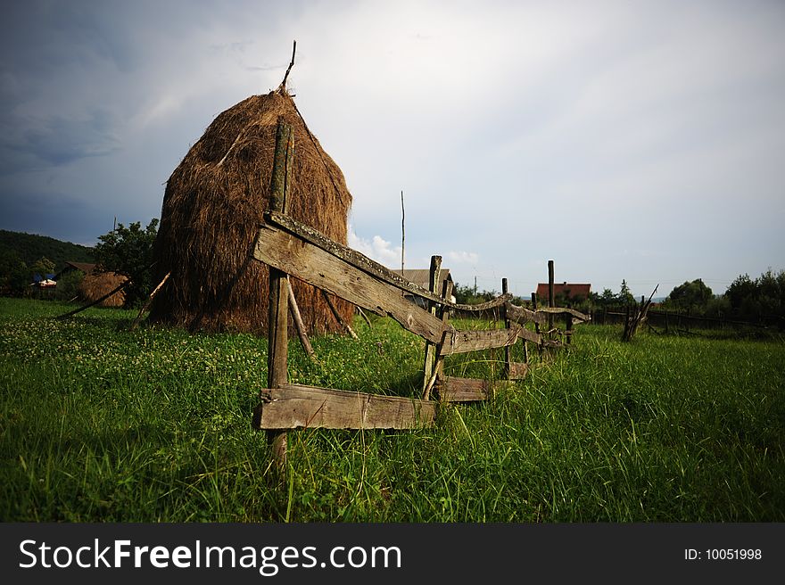 Hay piles in a country landscape