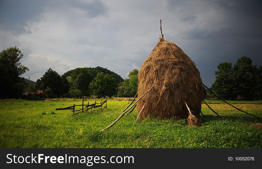 Hay piles in a country landscape