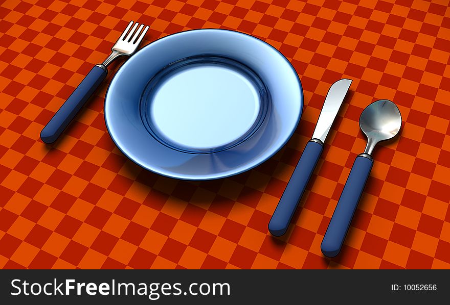 Knife, fork, spoon and plate with table coth - 3d render