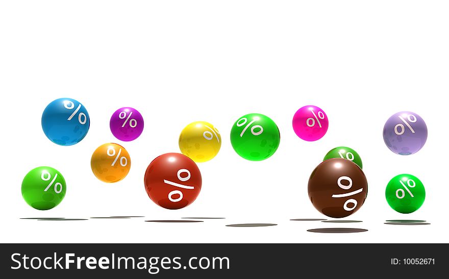 Isolated multicolor spheres with percent symbol - 3d render. Isolated multicolor spheres with percent symbol - 3d render