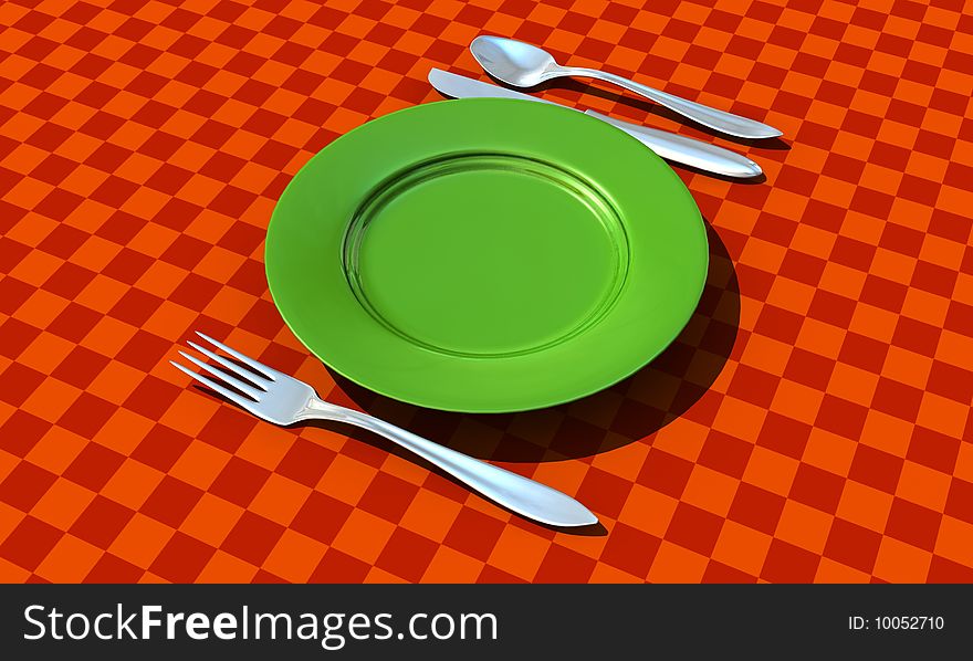 Knife, fork, spoon and plate with table coth - 3d render