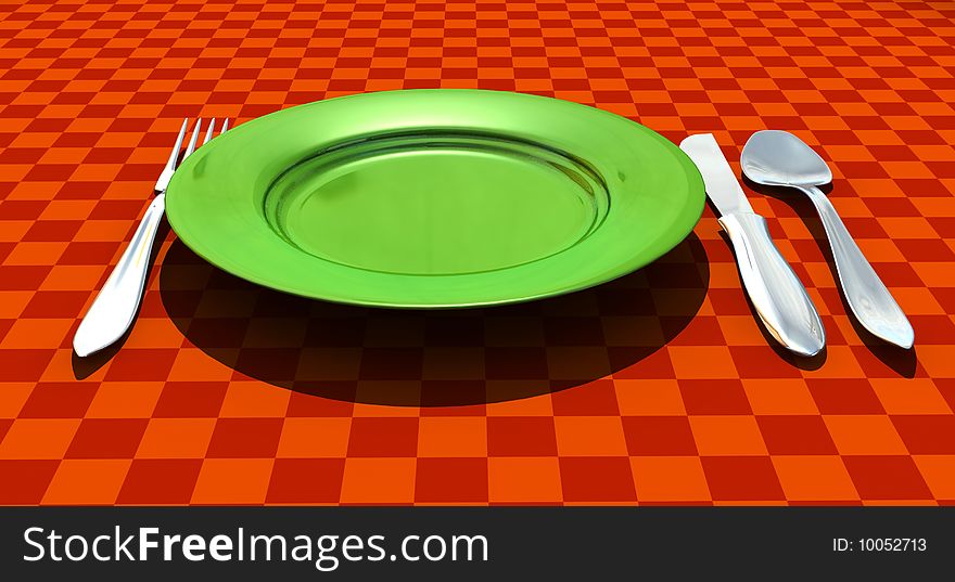 Knife, fork, spoon and plate