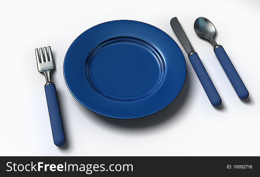 Knife, fork, spoon and plate - isolated 3d render