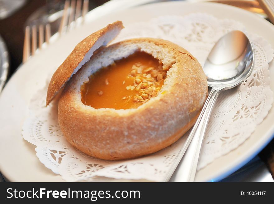 Mushroom Chowder soup in a bread bowl.