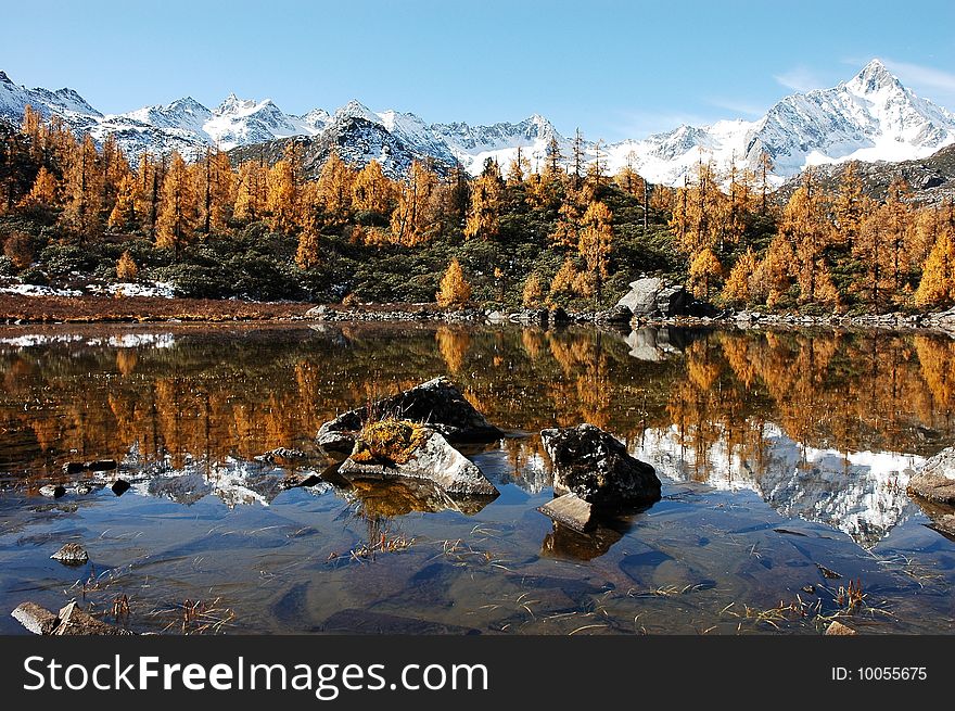 Jokul and with it's reflection in water in tibet. Jokul and with it's reflection in water in tibet