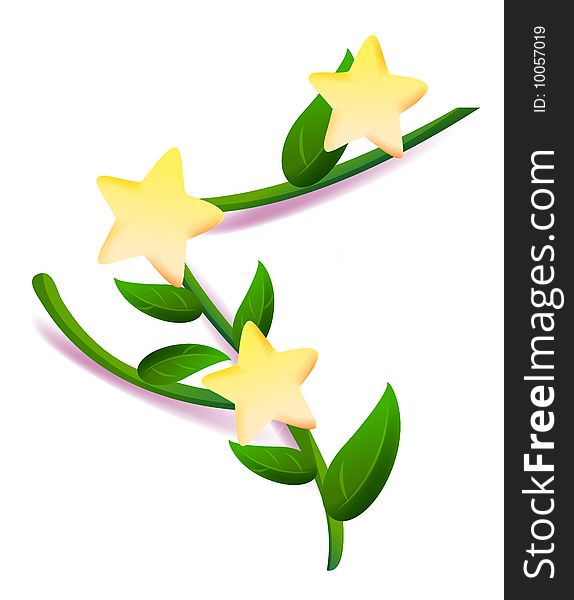 Yellow stars and green leaf on the white background. Yellow stars and green leaf on the white background