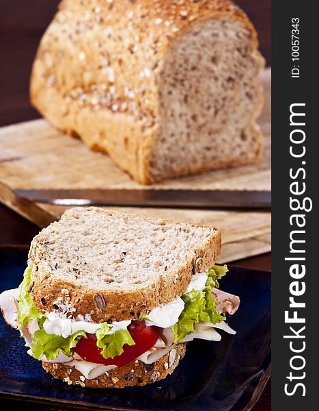 Turkey sandwich with lettuce and tomato