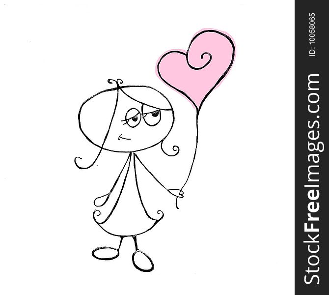 A cartoon girl with a heart-balloon. A cartoon girl with a heart-balloon