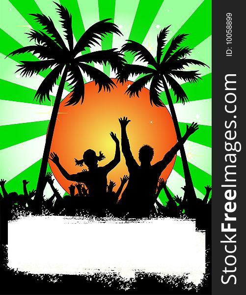 Illustration of a red party placard with palms. Illustration of a red party placard with palms