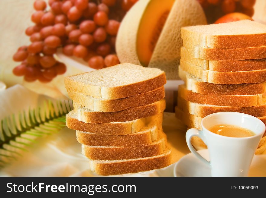 Colorful breakfast with fruit and coffe. Colorful breakfast with fruit and coffe