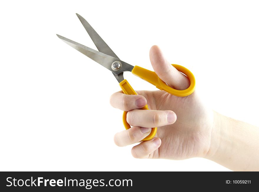 Scissors in hand isolated on a white background