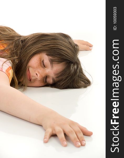 The sleeping girl on white background