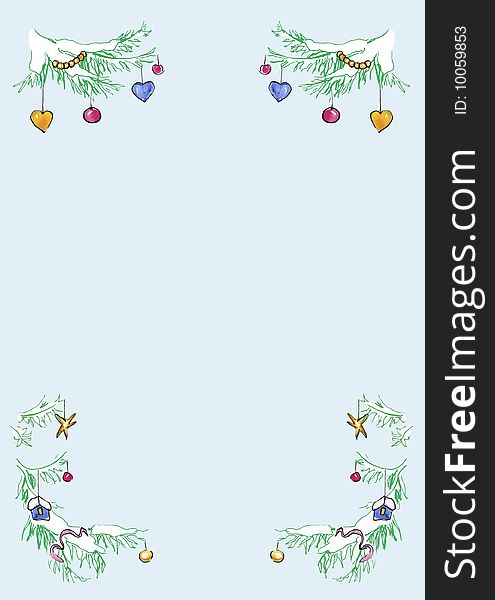 New Year card pattern. Winter toys on New Year tree branches. New Year card pattern. Winter toys on New Year tree branches.