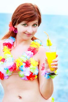 Girl In Bright Bikini With Glass Of Juice Stock Photography Girl In Bright Bikini With Glass Of Juice Stock Photography
