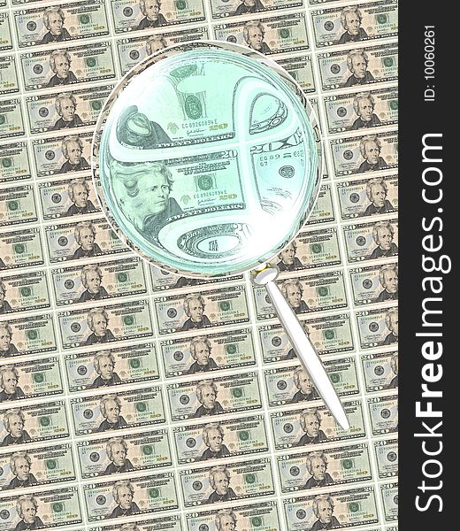 A computer generate image of a magnifying glass taking a close look at the US currency. A computer generate image of a magnifying glass taking a close look at the US currency.