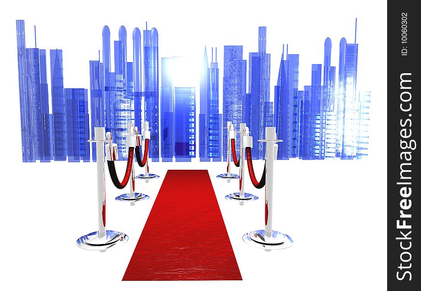 A red carpet with stanchions and isolated on white with an abstract city in the background.