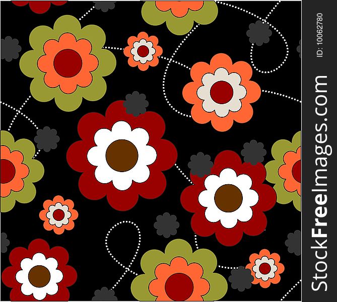 Funny repeat floral sample in color green, red, orange and black. Funny repeat floral sample in color green, red, orange and black