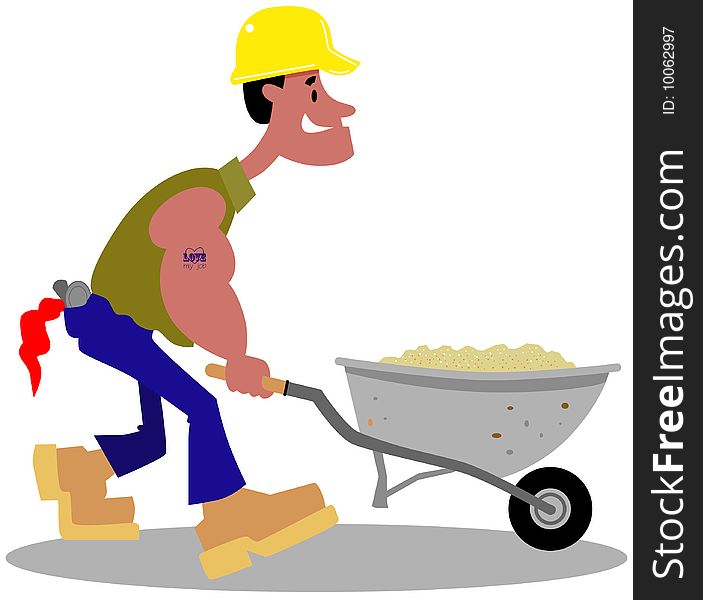 Cartoon construction worker pushing a wheelbarrow of sand