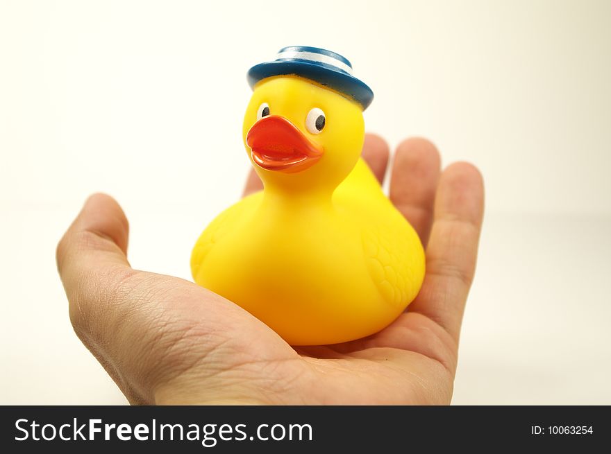 Yellow rubber duck on hand
