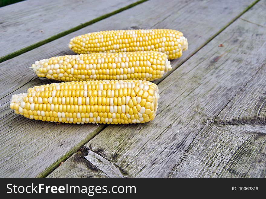 Fresh corn on the cob on a weathered tabletop. Fresh corn on the cob on a weathered tabletop.