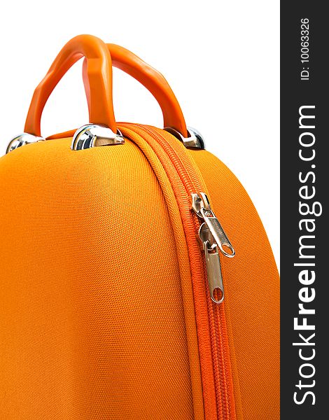 Orange large suitcase on a white background