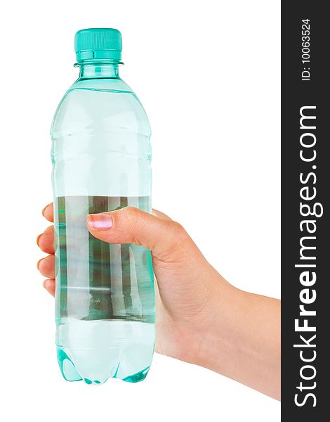 Hand with bottle of water isolated on white background