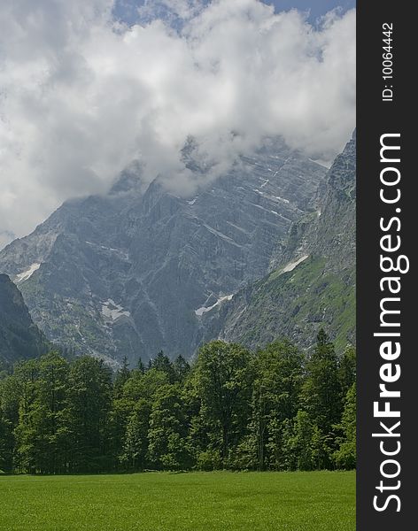 Mountain in Bavarian Alps hidden in clouds