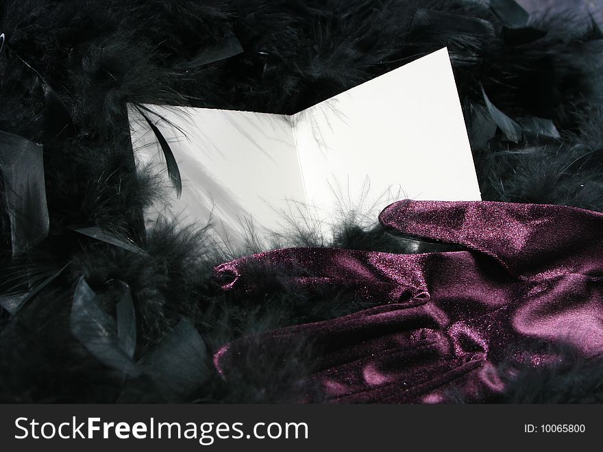 Blank business card against black feather boa and purple gloves. Blank business card against black feather boa and purple gloves