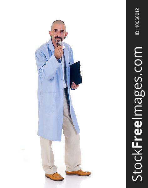 Alternative doctor with stethoscope and earrings taking notes, studio shot, white background. Alternative doctor with stethoscope and earrings taking notes, studio shot, white background