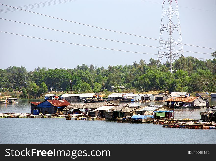 A floating village at a lake in Vietnam