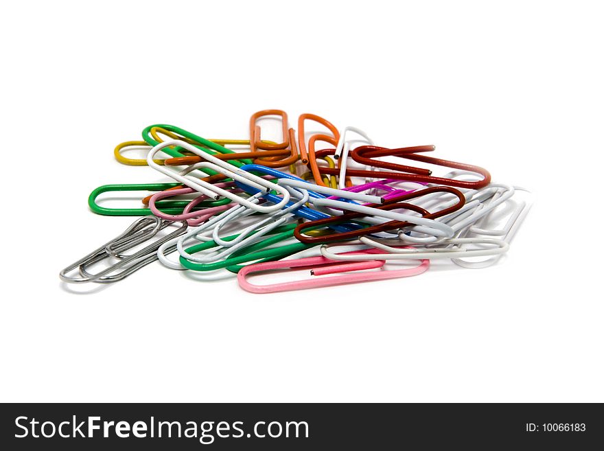 Multi-coloured paper clips isolated on a white background