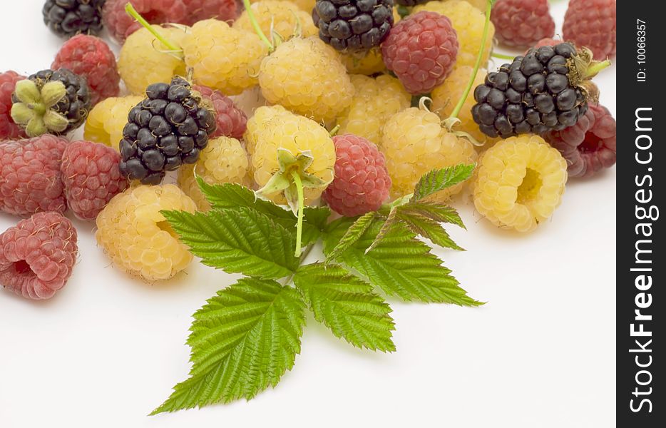 Bright raspberry with leaves on a white background