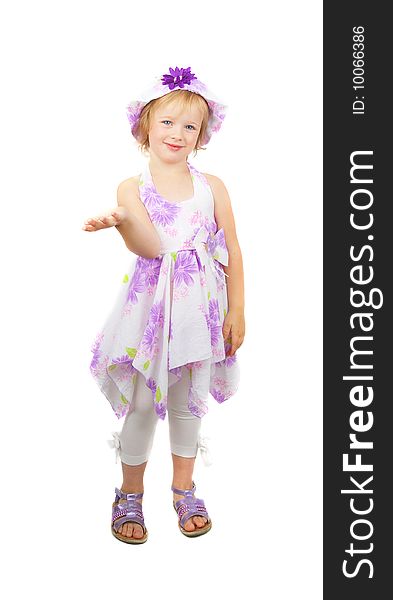 Caucasian cute little girl wearing a purple summer dress and heat stating and pointing up, isolated on white background. Caucasian cute little girl wearing a purple summer dress and heat stating and pointing up, isolated on white background.